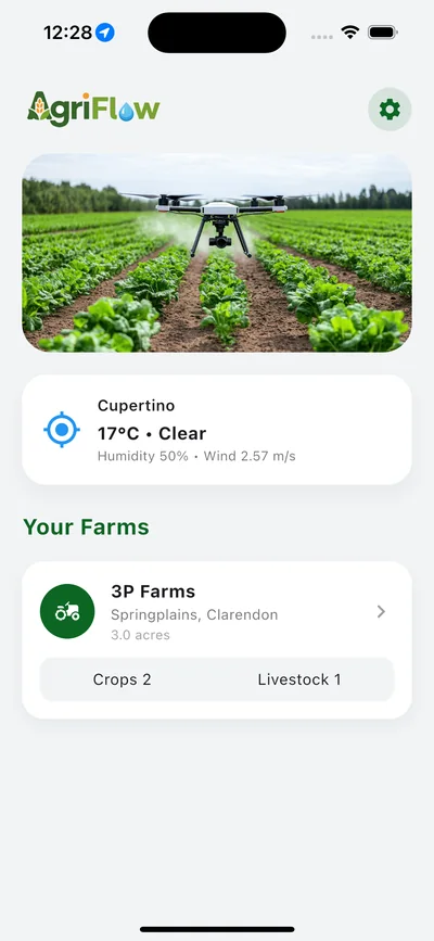 AgriFlow app showing weather, farms, crop and livestock summaries
